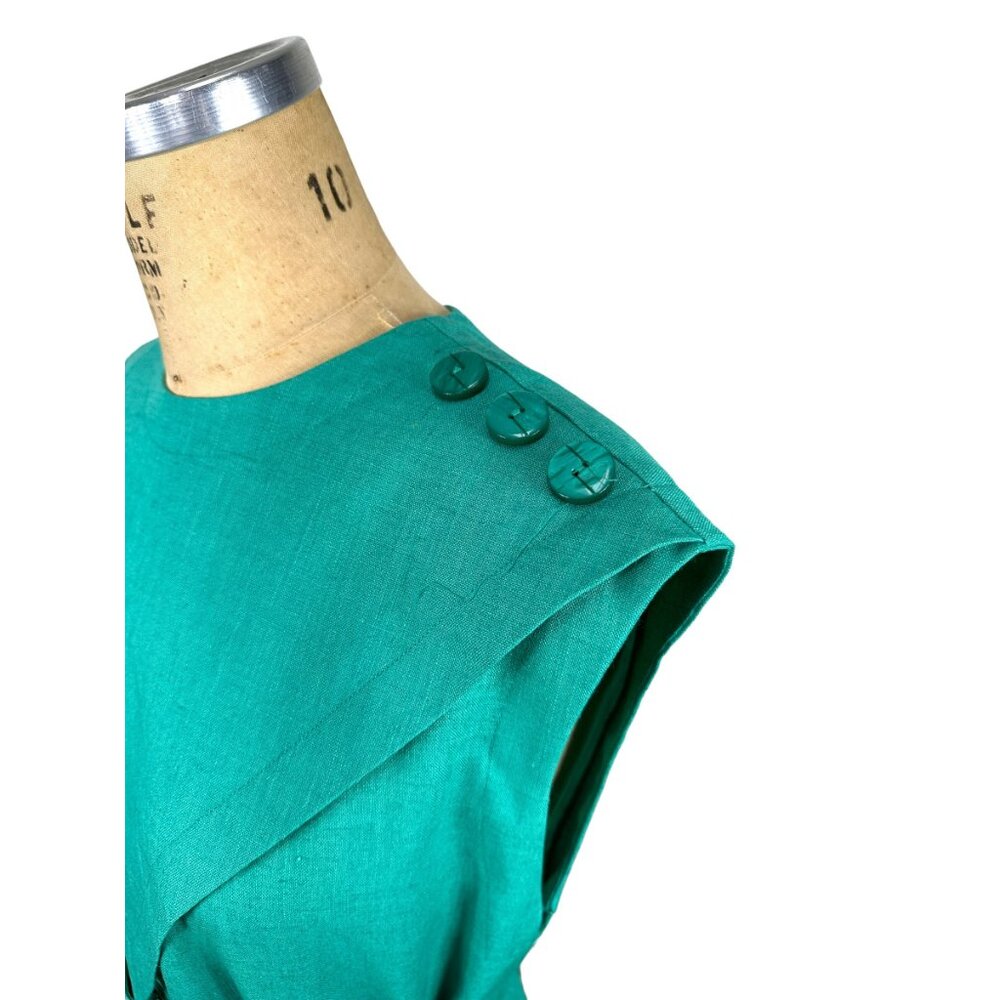 1980s green linen dress with shoulder buttons and pockets by Leslie Fay Size M/L - Picture 6 of 8